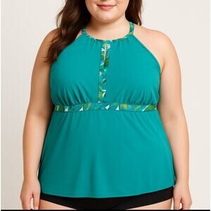 Lands’ End Women’s Plus 24W Tankini Swim Top – Aqua Green Leaf Trim – High Neck